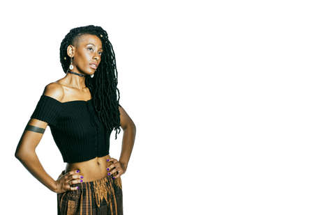 African American woman with dreadlocks looking at the camera