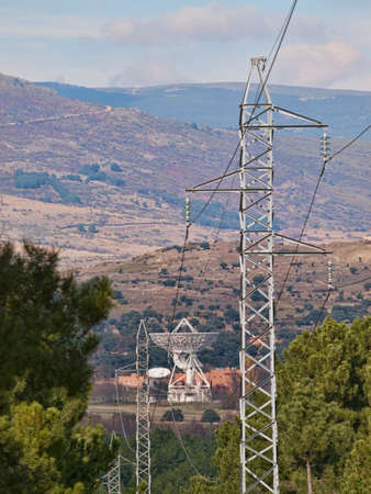 Satellite tracking station in Buitrago de Lozoya and powerline installationの写真素材