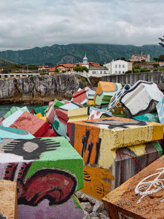 Cubos de la memoria at Llanes port in Asturias Spain in the afternoonの写真素材