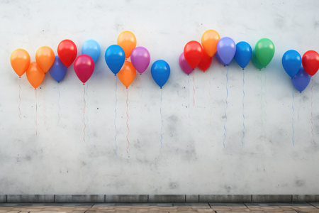 Colorful balloons on white cement wall background. Birthday party concept.の素材