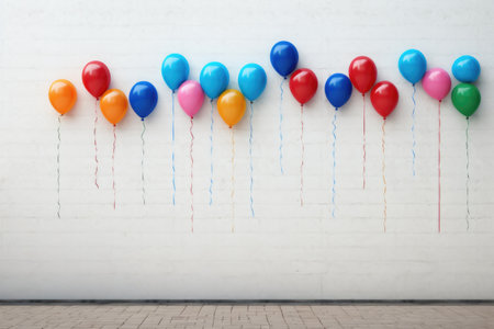 Colorful balloons on white brick wall background. Birthday party concept.の素材