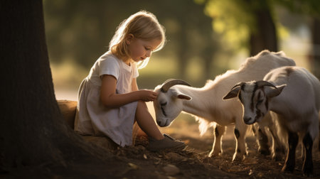 Little girl feeding goats in the meadow at sunset. Selective focus.の素材