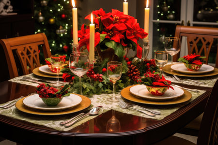 Christmas table setting with red poinsettia flowers, candles and cutleryの素材
