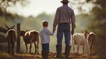 Father and son looking at the goats in a farm, view from behindの素材