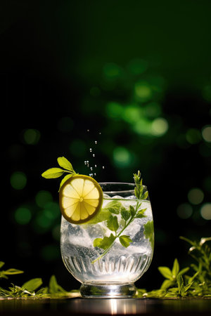 Gin and tonic cocktail on a wooden table with background. AI generatedの素材