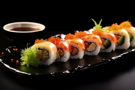 Black plate with sushi and vegetables on a black background and careful presentation, AI generatedの素材