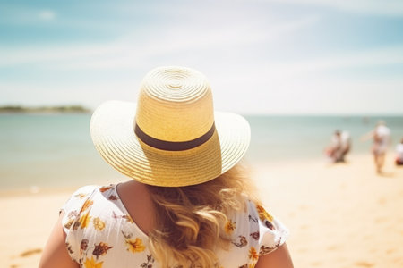 Curvy woman enjoying on the beach in the sun, with happiness, AI generatedの素材