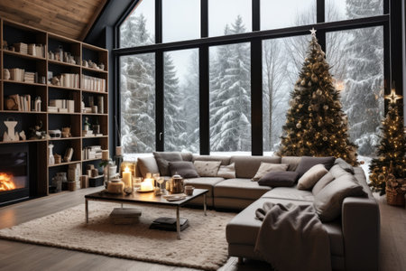 A living room with Christmas decoration, AI generatedの素材