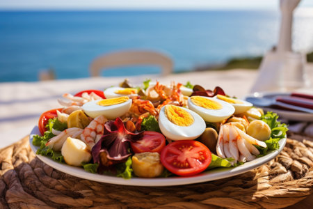 Typical Spanish salad in a beach bar outdoors, AI generatedの素材