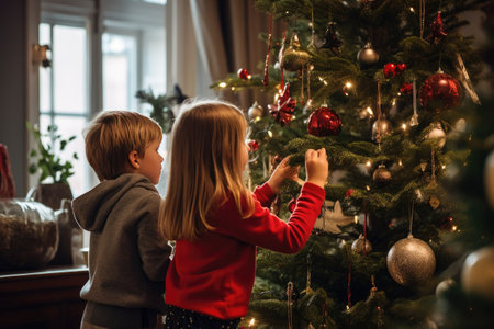 Children decorating the Christmas tree carefully, AI generatedの素材