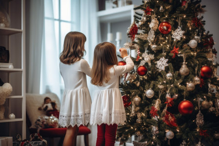 Children decorating the Christmas tree carefully, AI generatedの素材