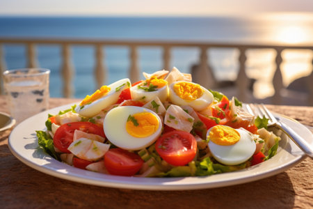 Typical Spanish salad in a beach bar outdoors, AI generatedの素材