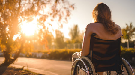 Young beautiful woman on a wheelchair, view from behind, backlight, AI generatedの素材