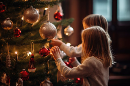 Children decorating the Christmas tree carefully, AI generatedの素材