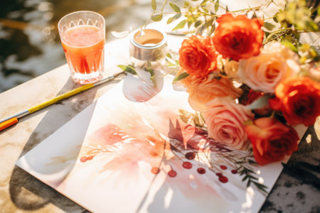Water colour painting of flowers, outdoor activity, AI generated imageの素材