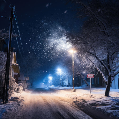 Winter street at night with snow and falling snowflakes. Winter landscape.の素材