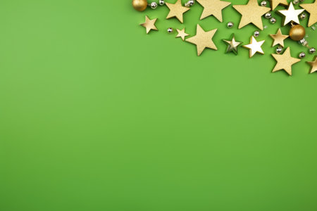 Christmas background with golden stars and confetti on a green background.の素材