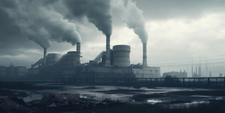 Power plant with smoking chimneys in the fogの素材