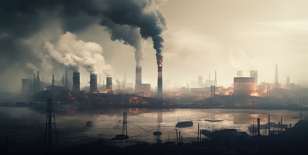 Industrial landscape with smoking chimneys of power plant in the fogの素材