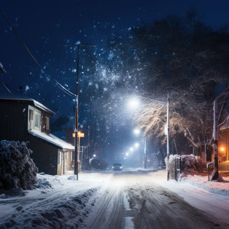 Winter night in the city. Winter landscape with street lights and treesの素材