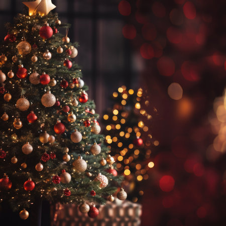 Christmas tree with red and gold baubles on bokeh backgroundの素材