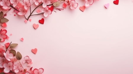 Valentine's day background with pink flowers and hearts on pink backgroundの素材