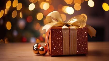 Gift box with golden bow on bokeh lights background.の素材