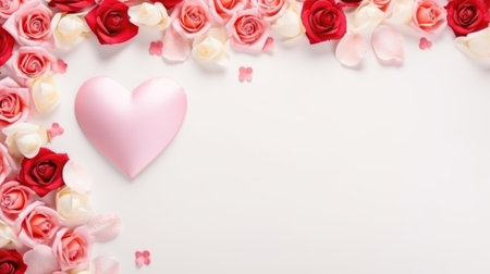 Valentine's day background with pink heart and rose flowers on white backgroundの素材