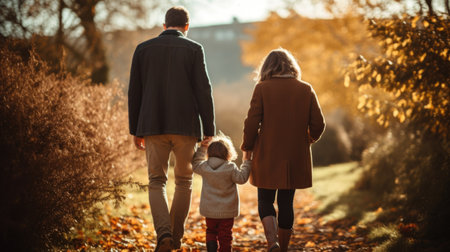 Happy family walking in autumn park. Mother, father and their little daughter.の素材