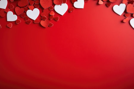 Valentine's day background with red and white hearts on red backgroundの素材