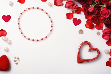 Valentine's day background with red hearts, roses and jewelry on whiteの素材