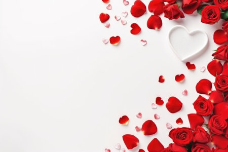 Valentines day background with red roses and white heart on white.の素材