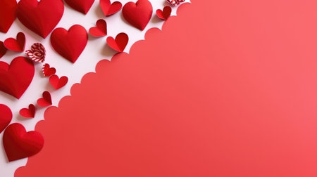 Valentine's day background with red paper hearts on red backgroundの素材