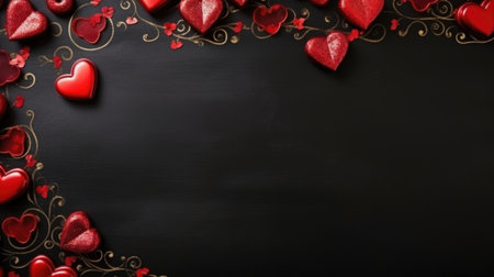 Valentines day background with red hearts on blackboard, copy spaceの素材