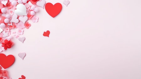 Valentine's Day background with hearts and confetti on pink backgroundの素材