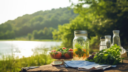 Healthy food. Fresh salad in a glass jar on a wooden table near the lake.の素材