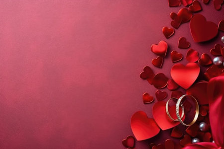 Wedding rings and red hearts on red background with copy spaceの素材