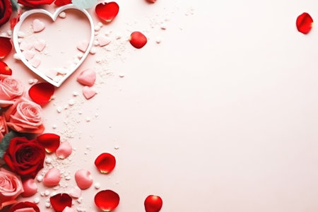 Valentine's Day background with red hearts and rose petals.の素材