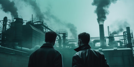Two men in front of industrial plant with smoke coming out of the pipesの素材
