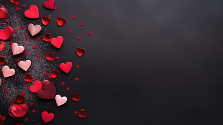 Valentine's day background with red hearts on black background.の素材