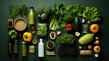 Healthy food clean eating selection on dark green background. Top view.の素材