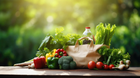 Fresh vegetables in bag on wooden table in garden. Healthy food backgroundの素材