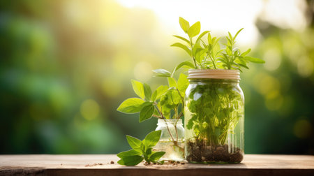 Fresh basil in a glass jar on a wooden table and nature backgroundの素材