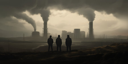 Power plant with smoking chimneys in the fog.の素材