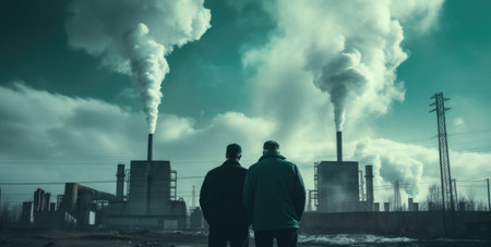Two men stand in front of a nuclear power plant. They look at the smoke from the pipes.の素材