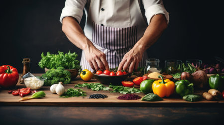 Closeup of male hands cooking vegetable salad in the kitchen at homeの素材