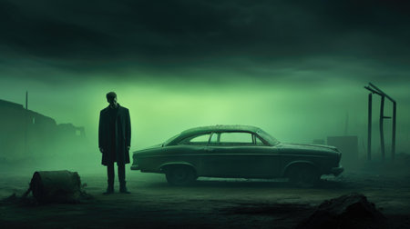 Halloween concept. A man in a cloak stands next to an old car in a foggy forest.の素材