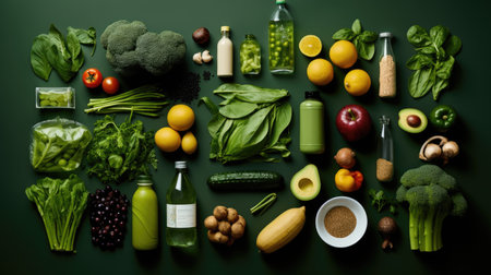 Vegetables and Fruits and other foodstuffs on green backgroundの素材
