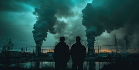 Two men looking at the smoke of a power plant in the eveningの素材