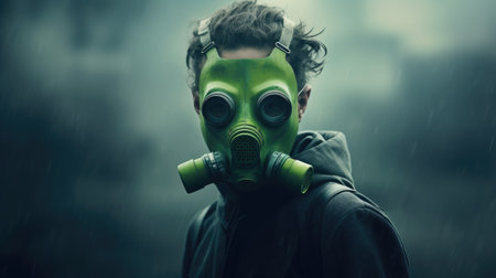 portrait of a man in a gas mask on a dark backgroundの素材